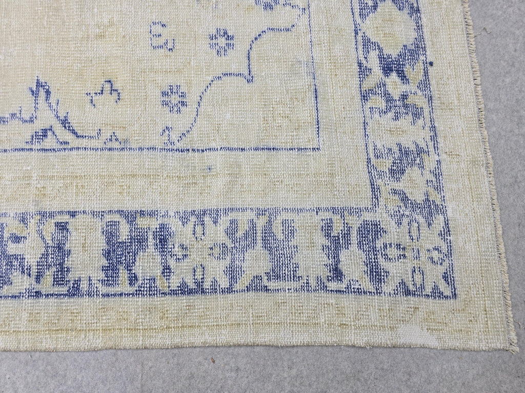 8x11 ft Hand-Knotted Turkish Oushak Rug: Neutral Wool Saloon Carpet Beige Blue