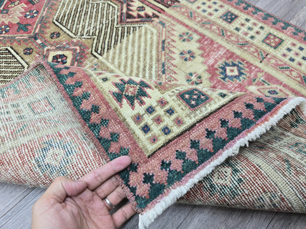 Vintage Turkish Runner Rug 3x11: Handknotted Oushak, Pastel Geometric Hallway Rug