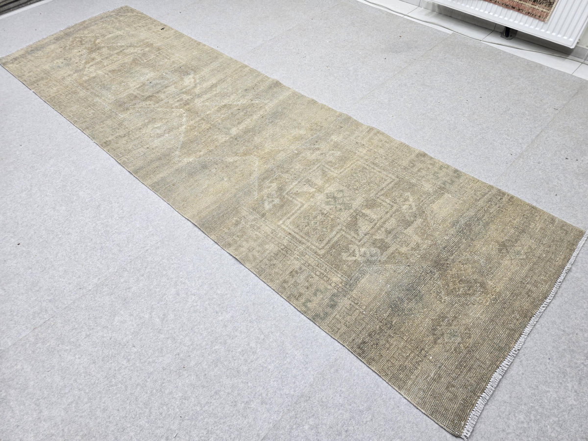 Turkish Runner Rug 3.5x11, Olive Sage Earth Tone Hallway Runner, Faded Wool Kitchen Runner, Tribal Corridor Rug for Dining Room Decor