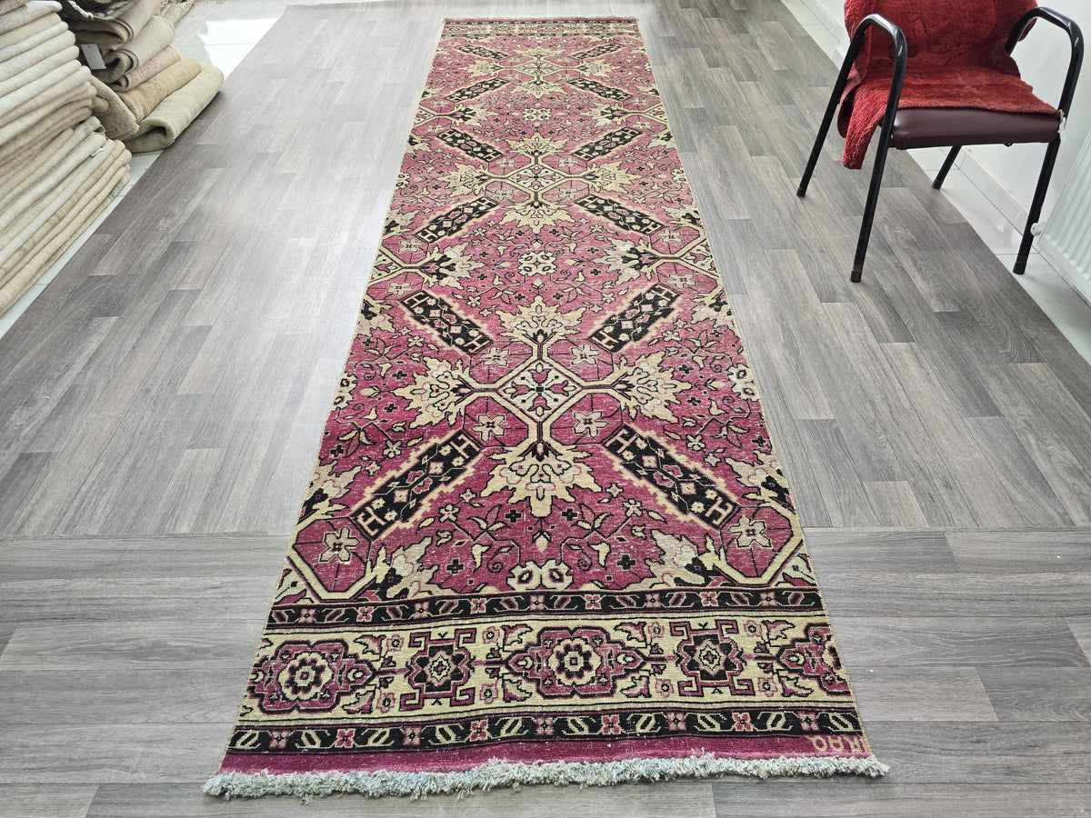 Hand-Knotted Wool Runner Rug: Vintage Floral Bohemian Home Decor (3.60x13.65 Feet)
