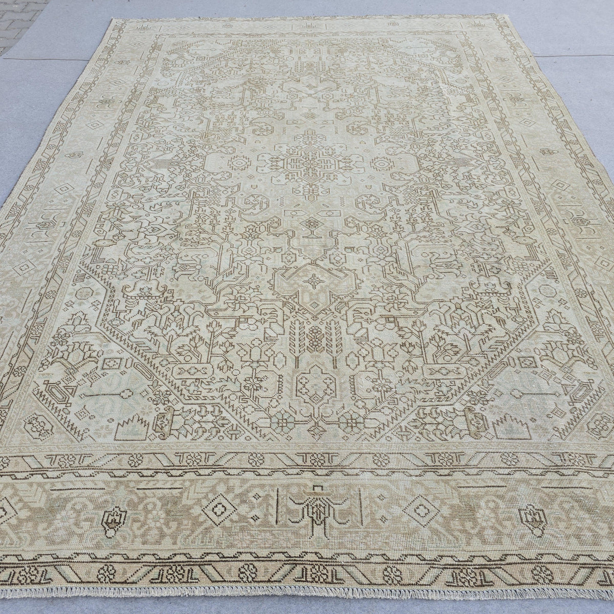 8x11 Vintage Turkish Area Rug, Hand-Knotted Oushak Rug: 8x11 ft. Neutral Turkish Wool Carpet - Boho decor rug, neutral Beige/Cream Brown rug