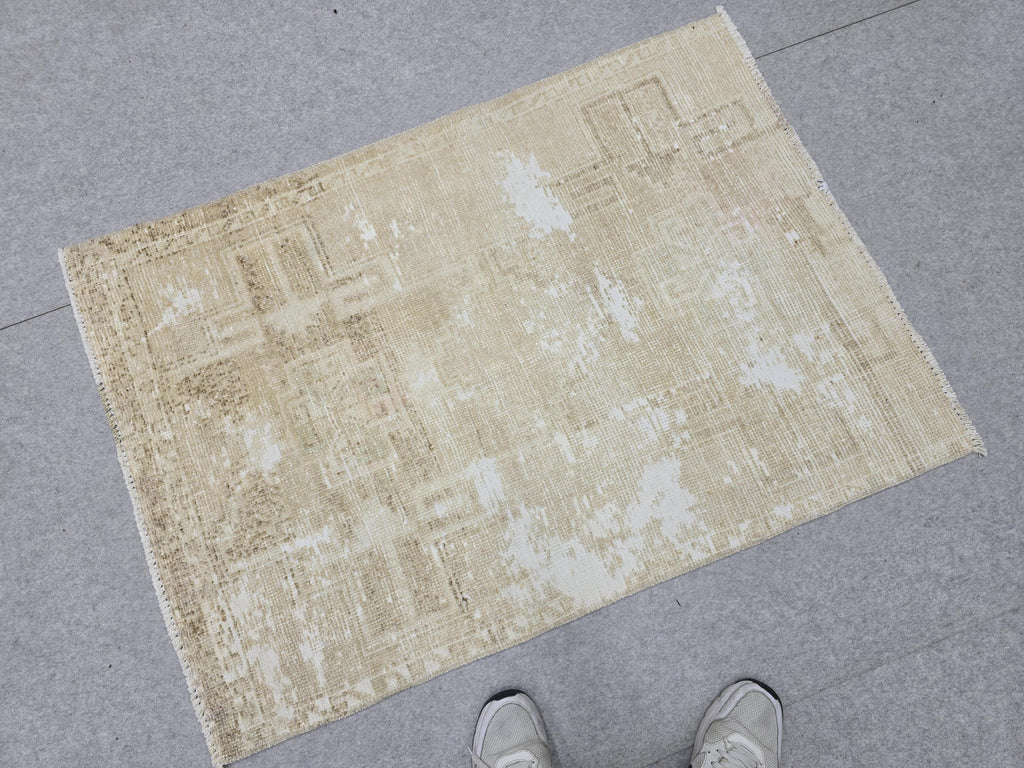 Vintage Rug 3x4, Small Distressed Neutral Rug, Hand Knotted Wool Oushak Accent Rug, Faded Beige Kitchen Mat, Boho Entryway Door Rug
