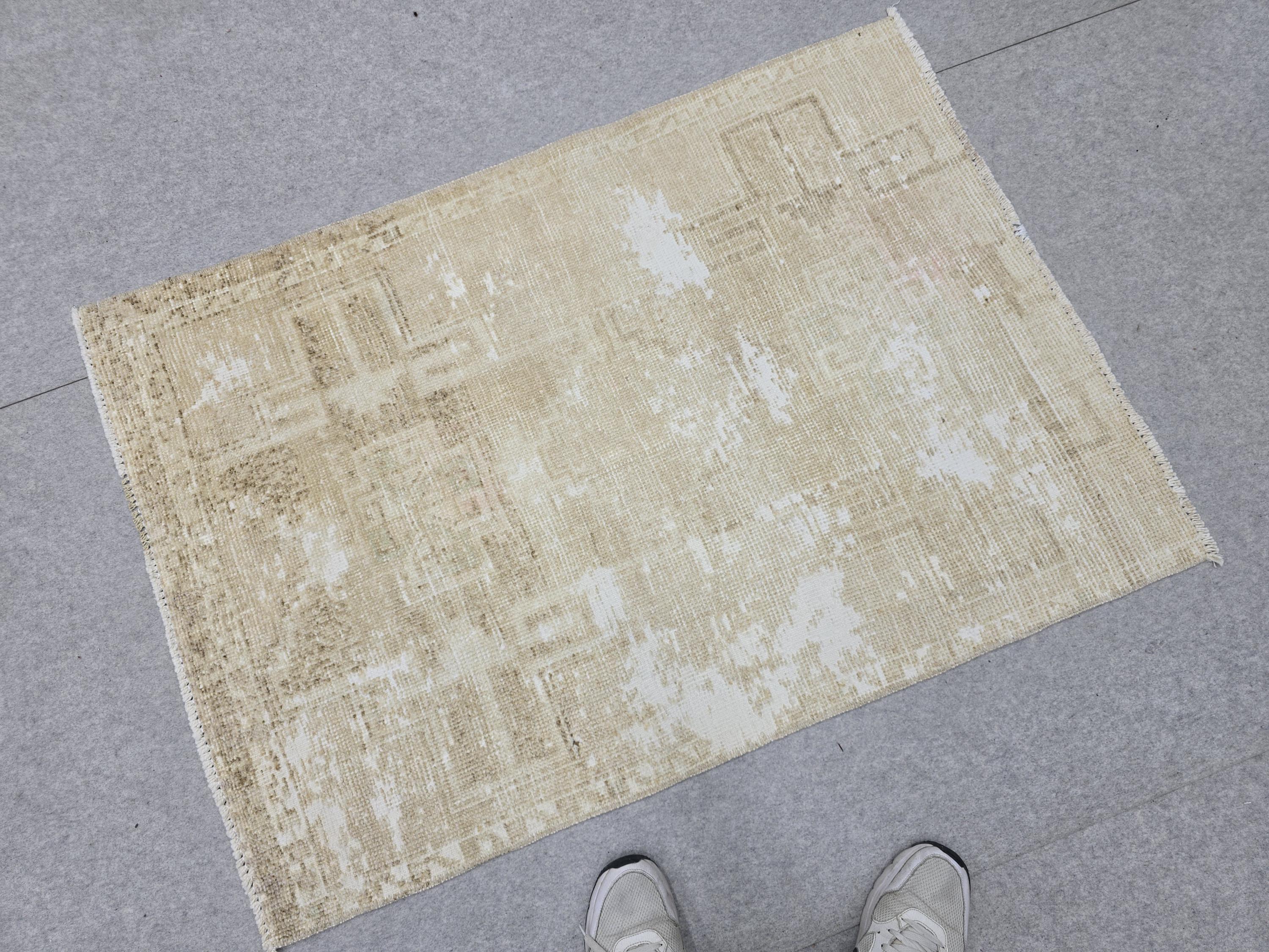 Vintage Rug 3x4, Small Distressed Neutral Rug, Hand Knotted Wool Oushak Accent Rug, Faded Beige Kitchen Mat, Boho Entryway Door Rug
