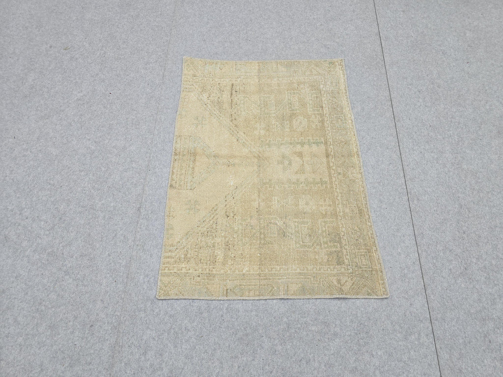 Vintage Bath Mat 2x3, Small Turkish Rug, Faded Neutral Door Mat, Hand Knotted Wool Oushak Mat, Muted Beige Kitchen Rug, Boho Entryway Rug