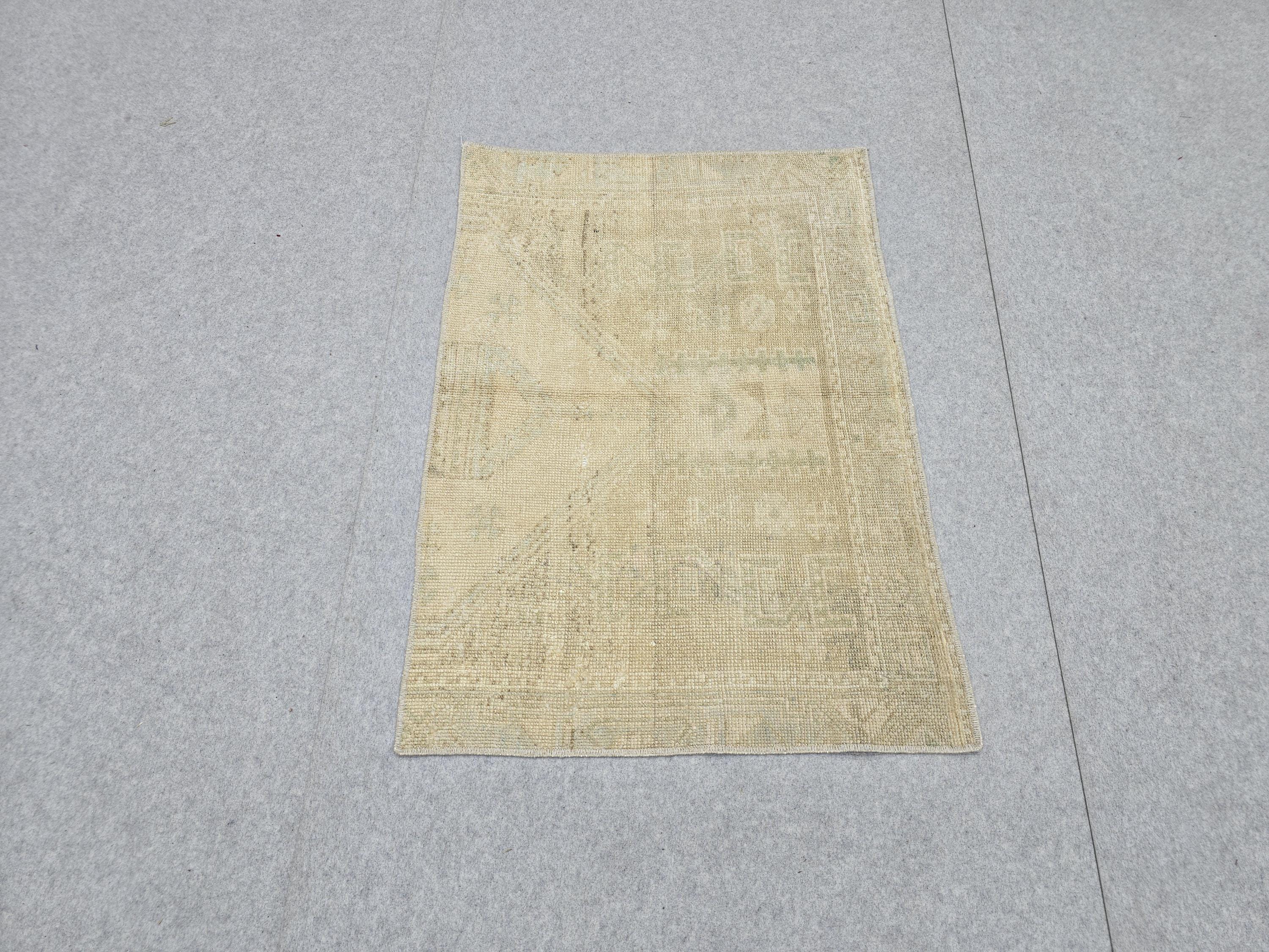 Vintage Bath Mat 2x3, Small Turkish Rug, Faded Neutral Door Mat, Hand Knotted Wool Oushak Mat, Muted Beige Kitchen Rug, Boho Entryway Rug