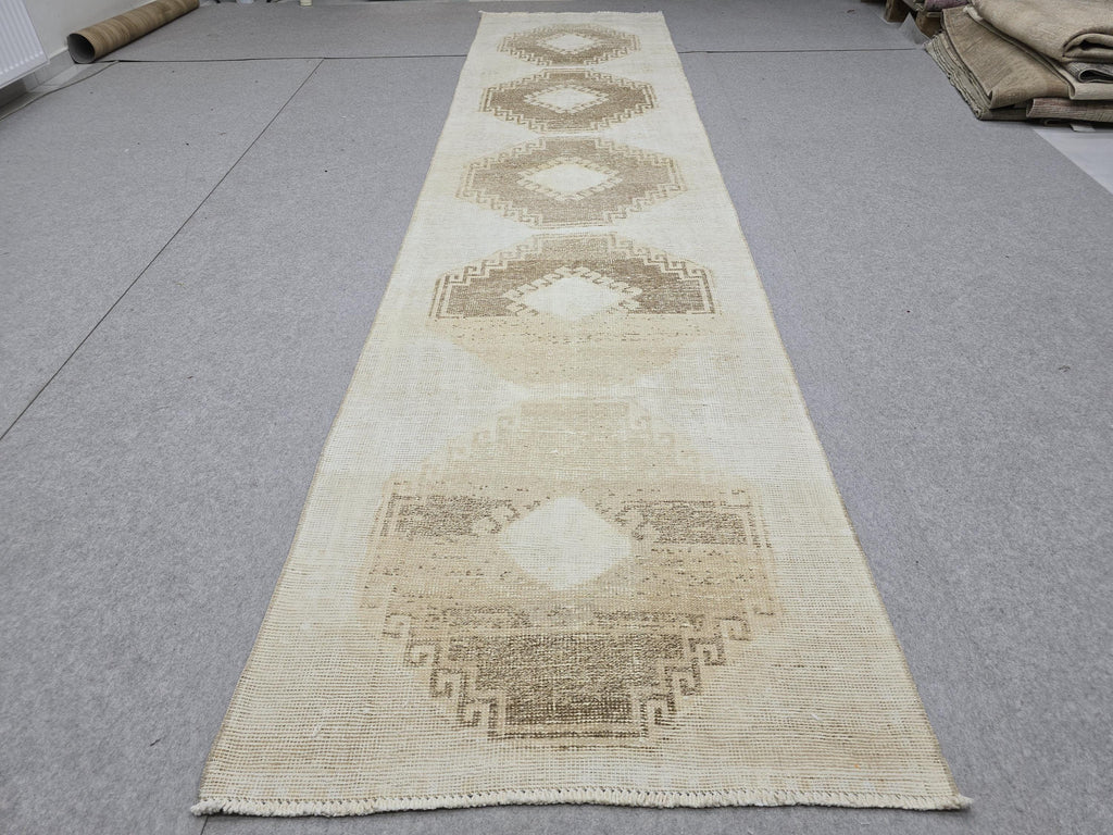 Oushak Rug 3x12, Distressed Neutral Runner, Hand Knotted Wool Turkish Runner, Faded Oatmeal Hallway Rug, Vintage Boho Stair Carpet