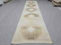 Oushak Rug 3x12, Distressed Neutral Runner, Hand Knotted Wool Turkish Runner, Faded Oatmeal Hallway Rug, Vintage Boho Stair Carpet