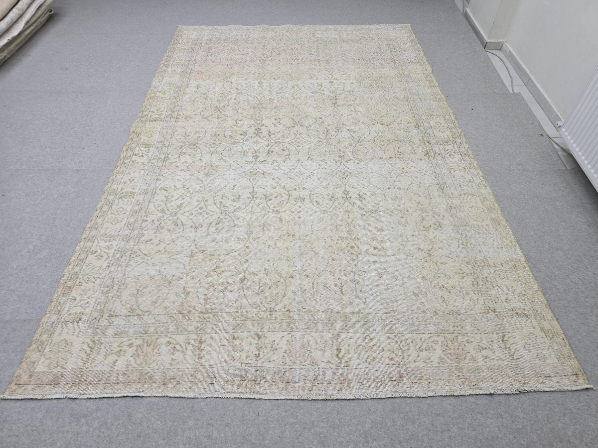 Oushak Rug 6x10, Muted Beige Turkish Area Rug, Vintage Floral Wool Carpet for Living Room Decor
