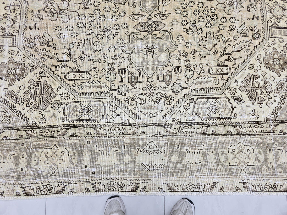 Turkish Rug 8x10, Distressed Grey Beige Vintage Area Rug, Hand Knotted Wool Carpet with Tribal Medallion for Living Room, Hallway