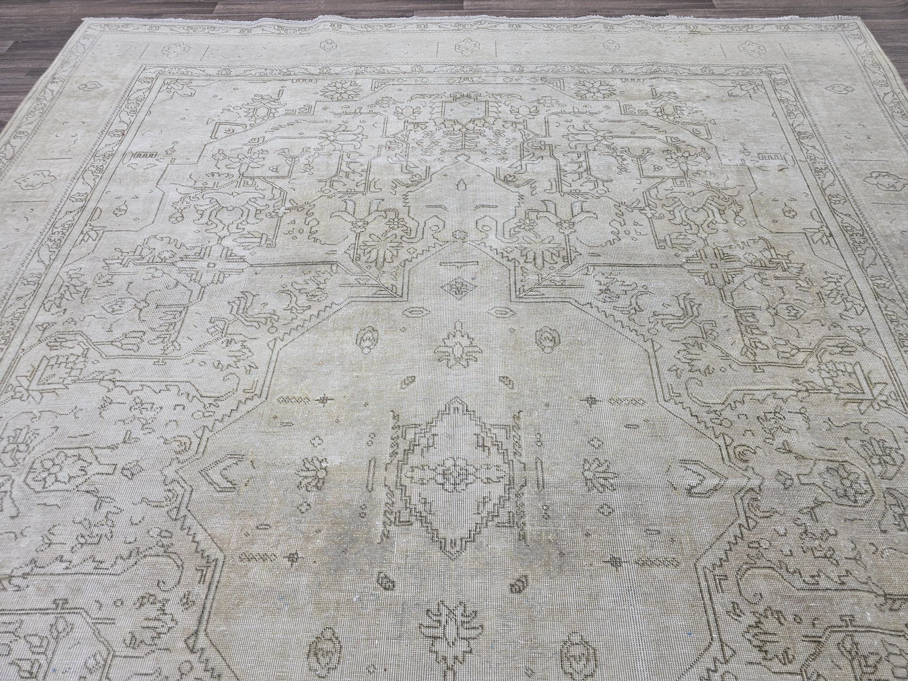 Extra Large Hand-Knotted Wool Rug: 9.5x12.6 ft Distressed Turkish Oriental Carpet