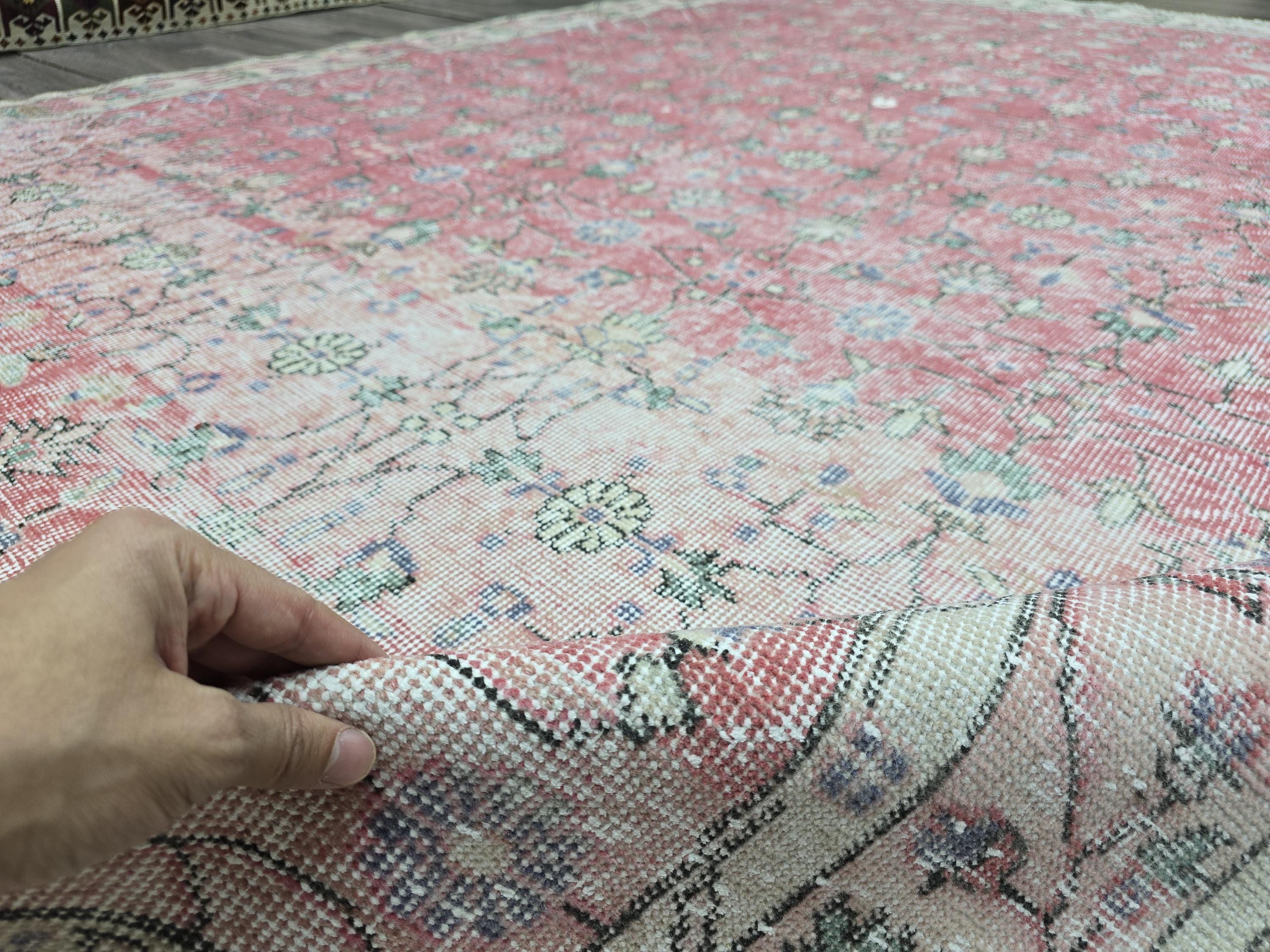 7x10 Vintage Turkish Rug  Cream Pink Oushak Rug Hand knotted Wool Area Rug Floral Living Room Carpet Pastel Oriental Rug
