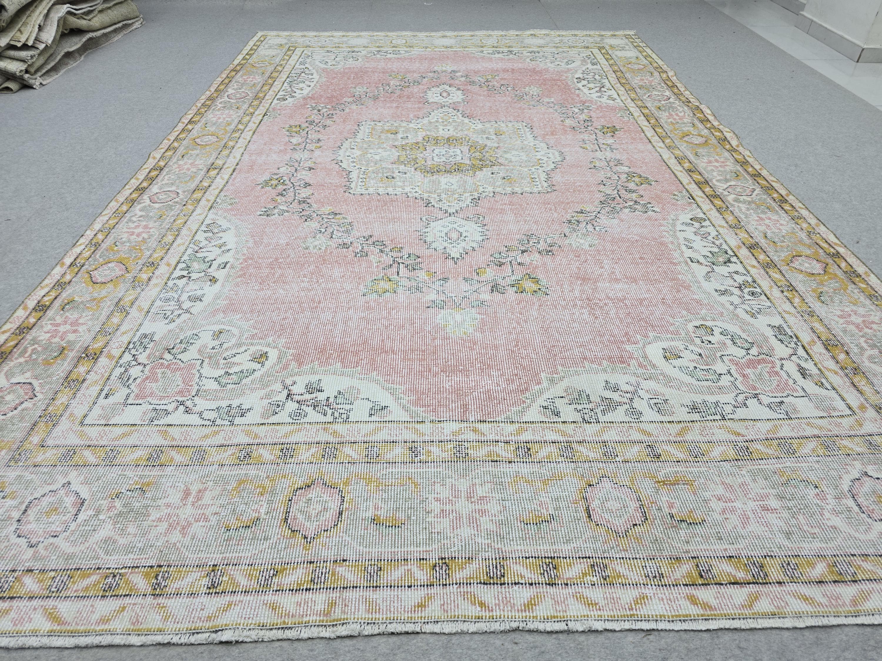 Muted Pink Vintage Oushak Rug 6'5"x9'8" | Neutral Turkish Area Rug Faded Boho Living Room