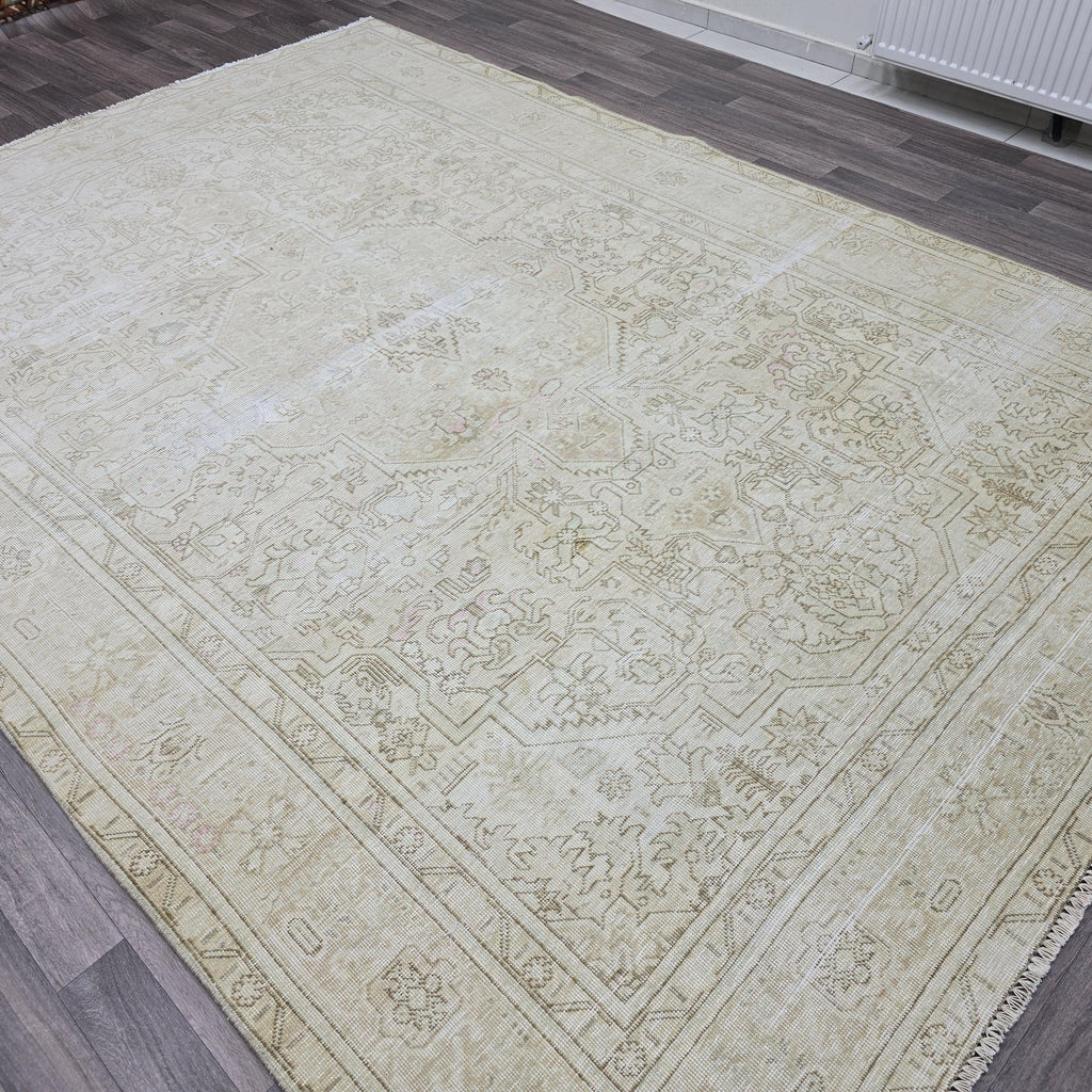 Oushak Rug 8x11: Neutral Vintage Turkish Wool Handmade Carpet, Beige Brown Geometric