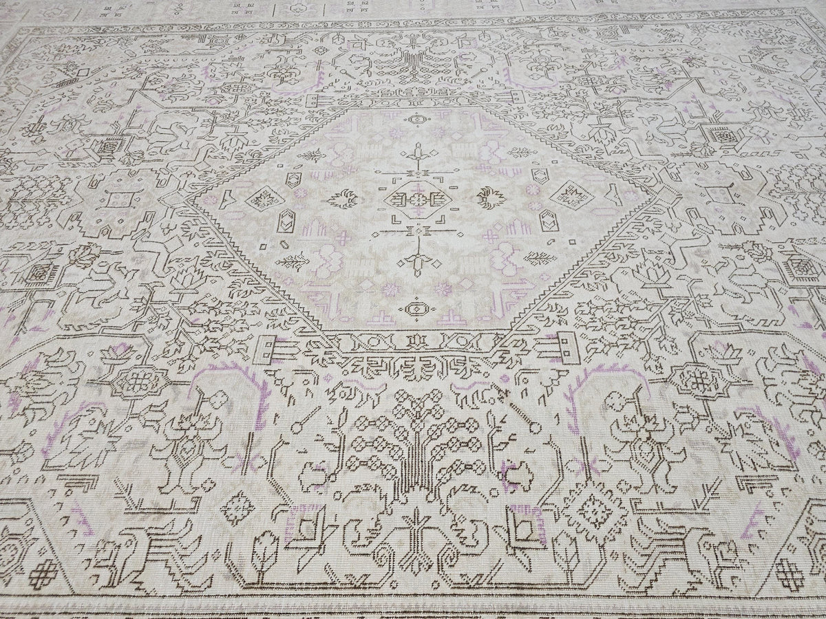 Faded Oushak Wool Area Rug: 9x12 Light Pink Beige Turkish Rug
