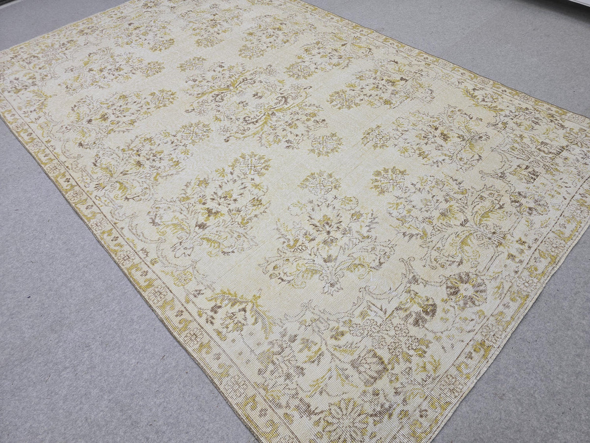 Oushak Rug 6x10, Gold Yellow Floral Turkish Vintage Carpet, Handknotted Wool Area Rug for Living Room Retro Boho Home Decor
