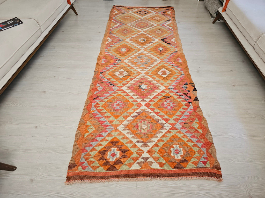 3x9 Turkish Runner: Hand Knotted Wool Oushak Runner Rug - Pastel Color Muted Runner rug - Geometric Coastal Decor (3x9 ft)