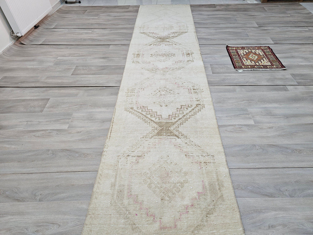 Hand Knotted Wool Turkish Runner Rug: Neutral Oushak Stair Runner (3x14 ft)
