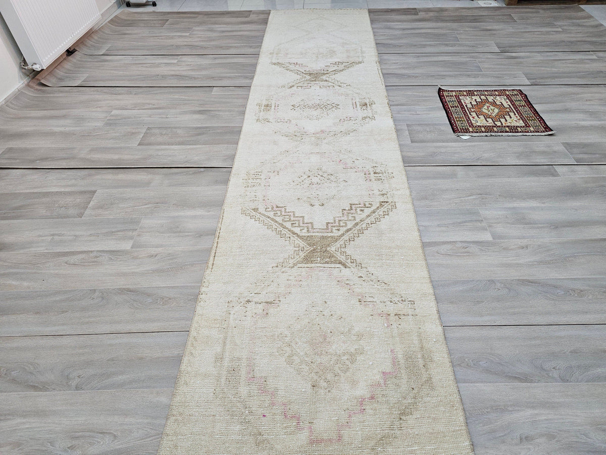 Hand Knotted Wool Turkish Runner Rug: Neutral Oushak Stair Runner (3x14 ft)