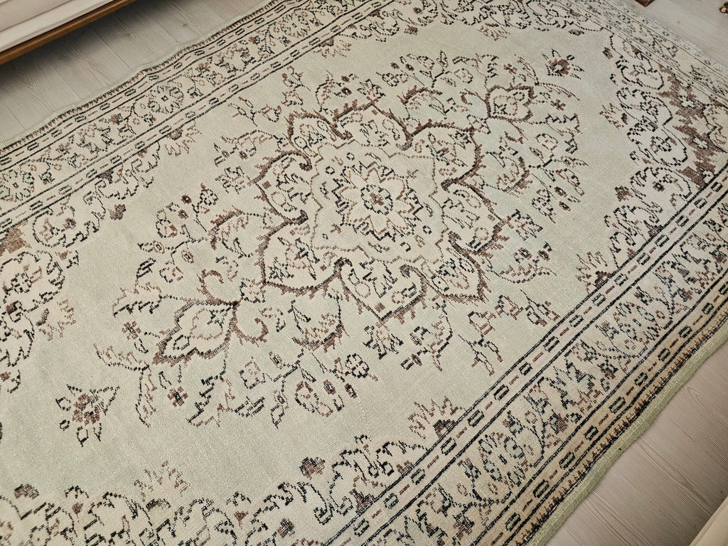Handmade Wool Turkish Rug: 6x9 Neutral Vintage Area Rug