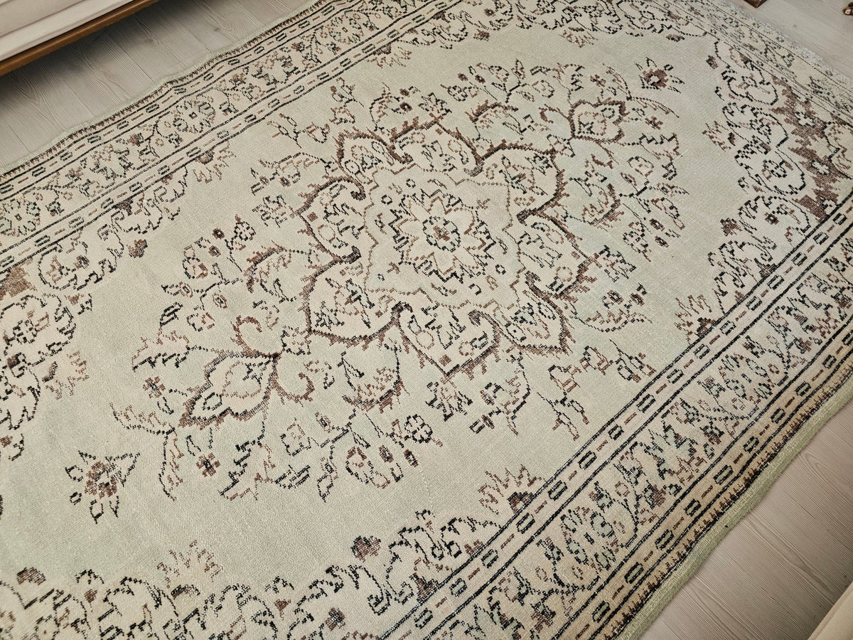 Handmade Wool Turkish Rug: 6x9 Neutral Vintage Area Rug