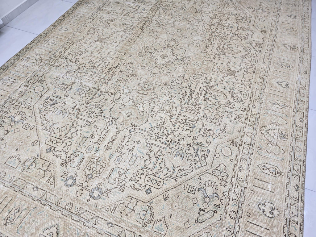 Oushak Rug 8x11, Faded Oatmeal Beige Turkish Area Rug with Soft Blue Accents, Hand Knotted Wool Carpet for Dining Room, Bedroom