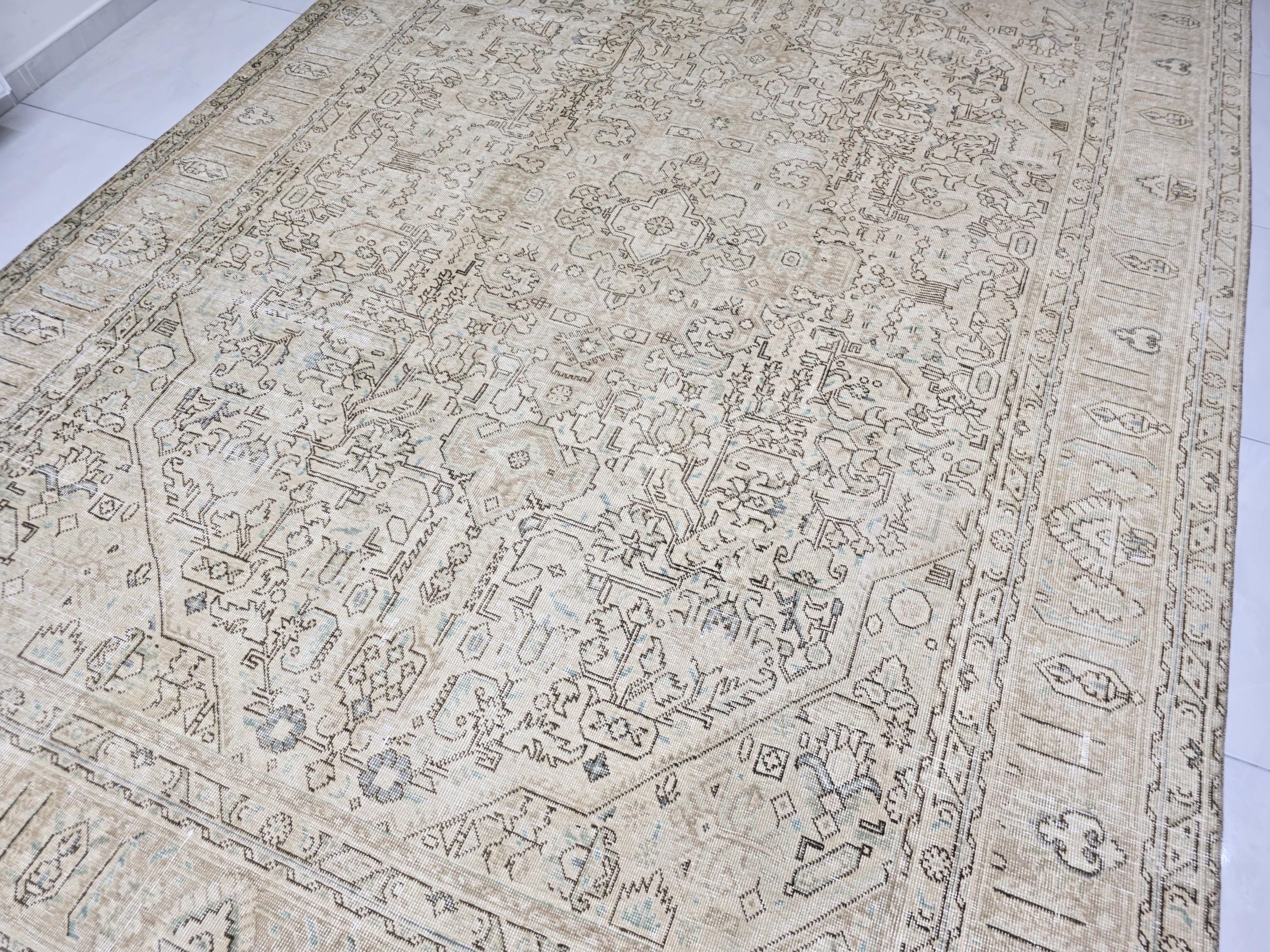 Oushak Rug 8x11, Faded Oatmeal Beige Turkish Area Rug with Soft Blue Accents, Hand Knotted Wool Carpet for Dining Room, Bedroom