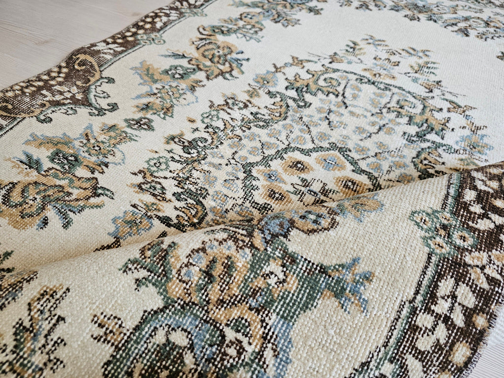 4x7 Vintage Turkish Oushak Rug Cream Brown Neutral Rug
