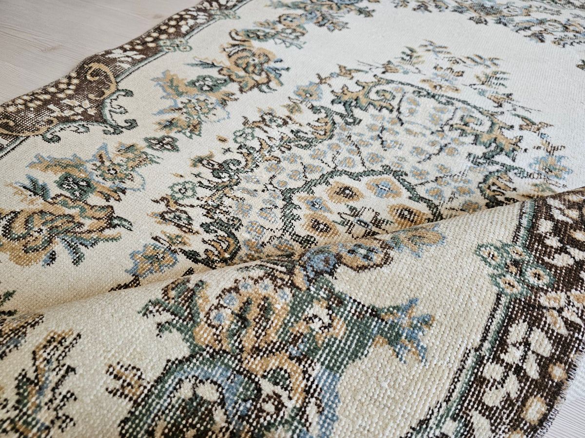 4x7 Vintage Turkish Oushak Rug Cream Brown Neutral Rug