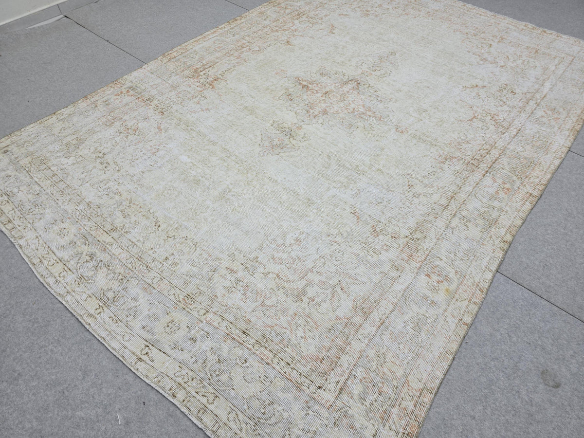 Turkish Wool Rug 7x10, Ivory Cream Medallion, Distressed Neutral Carpet