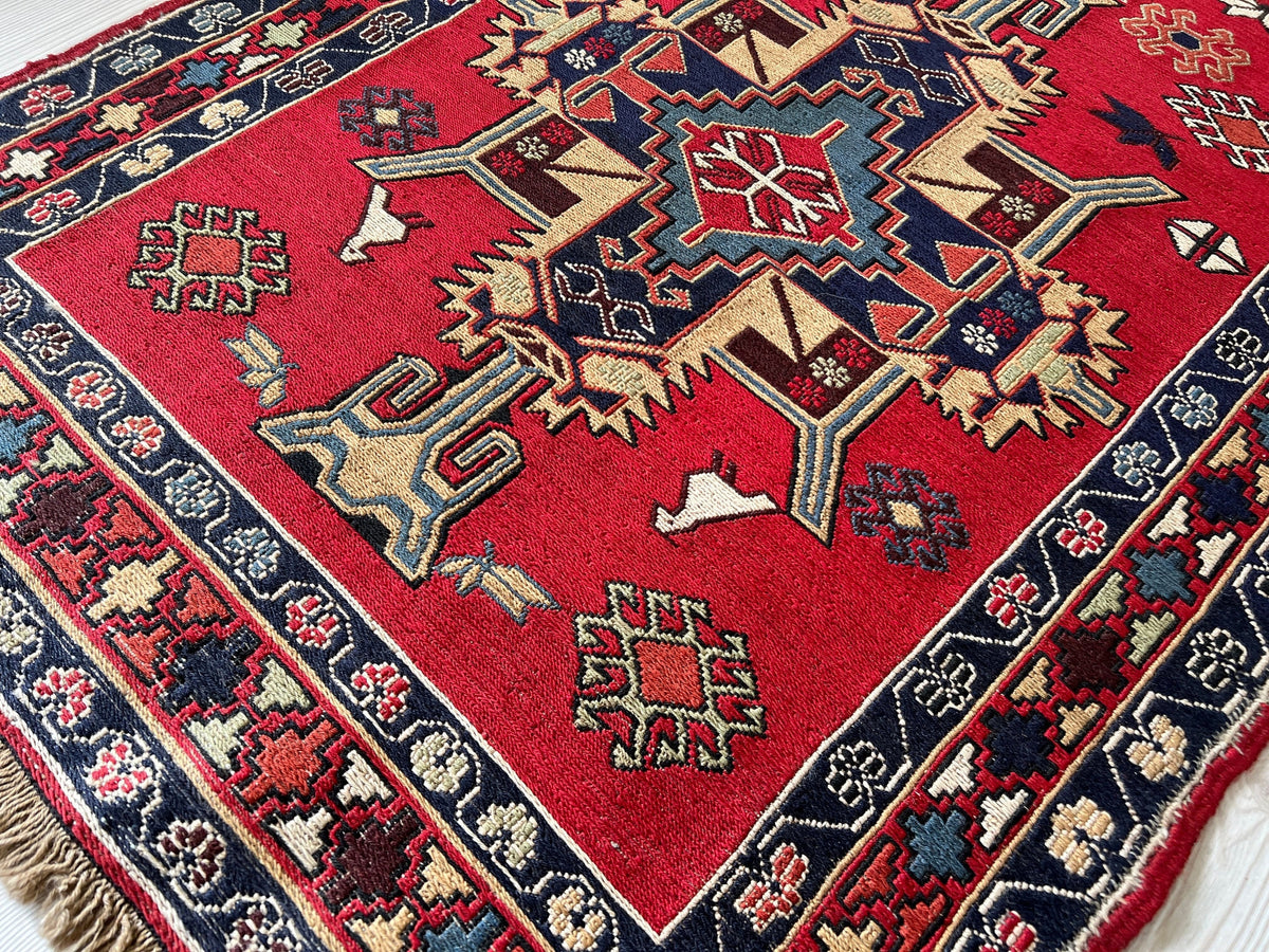 Vintage Heriz Runner Rug: Hand-Knotted Wool Geometric Design