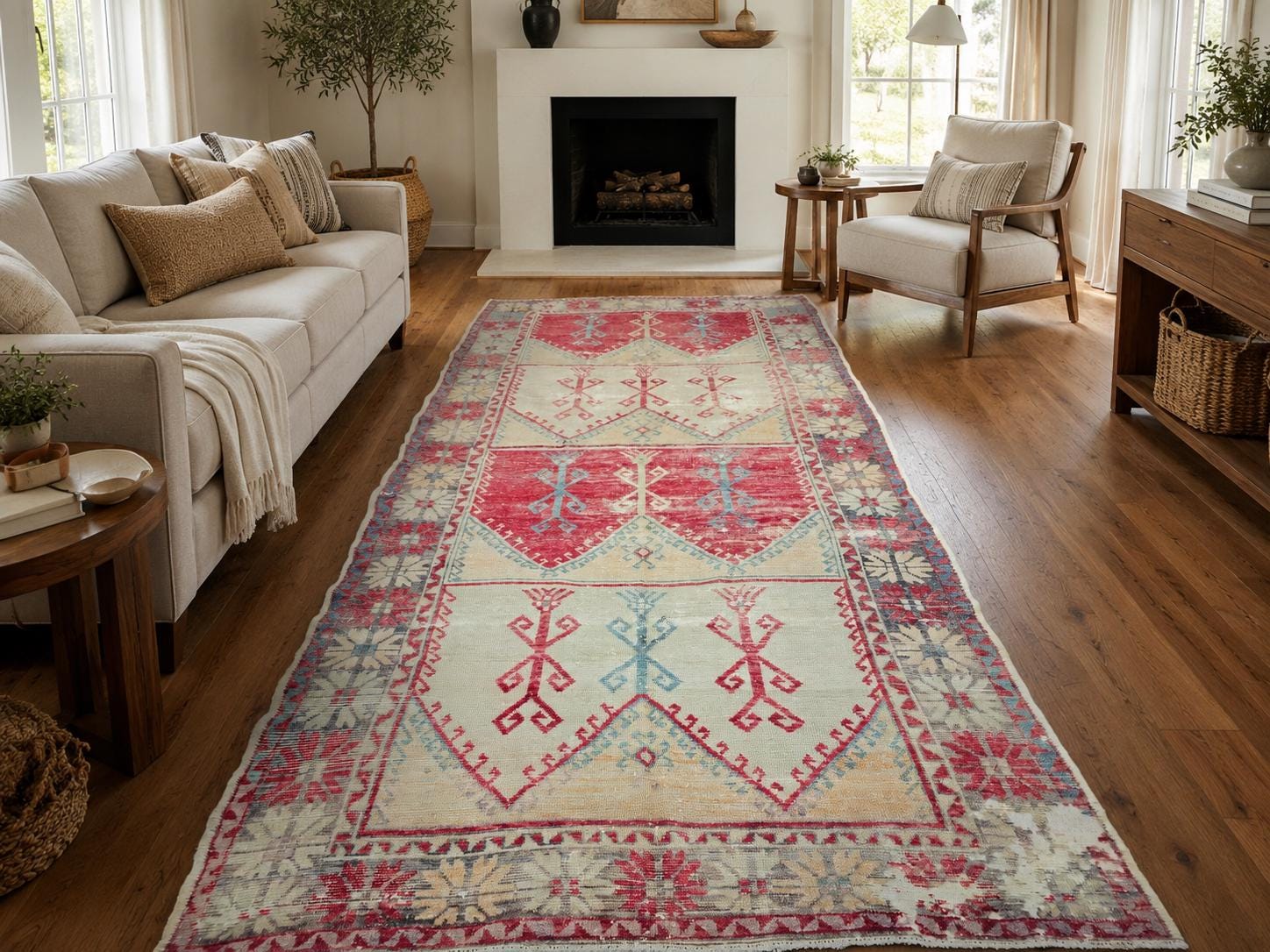 Oushak Rug 5x12, Antique Red Cream Distressed Wool Area Rug, Faded Panel Medallion Anatolian Wide Runner, Boho Farmhouse Living Room Decor