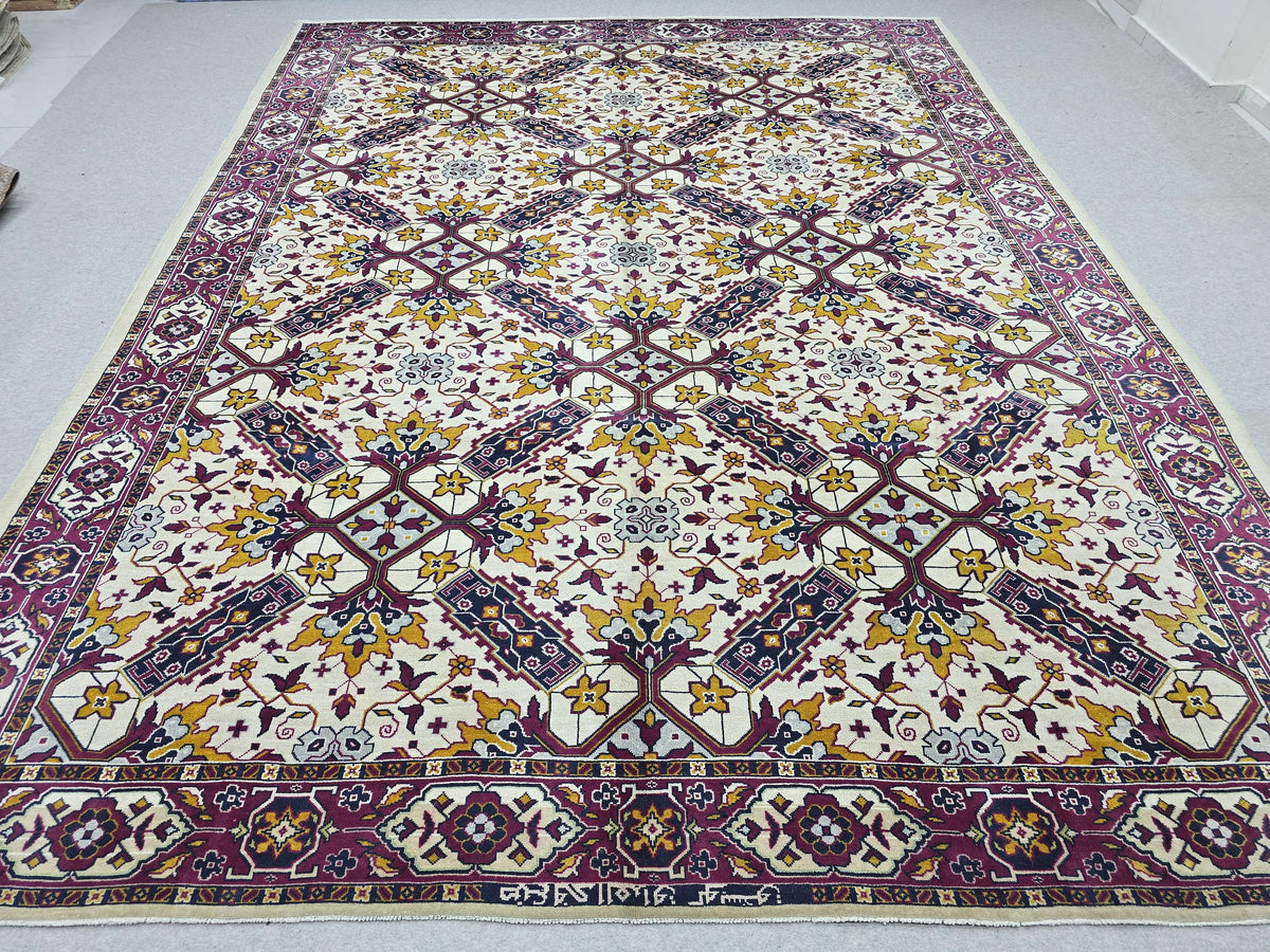 Turkish Rug 9x11 Vintage Hand Knotted Ivory Cream Floral Area Rug | Gold Magenta Navy | Living Room Boho Retro Decor