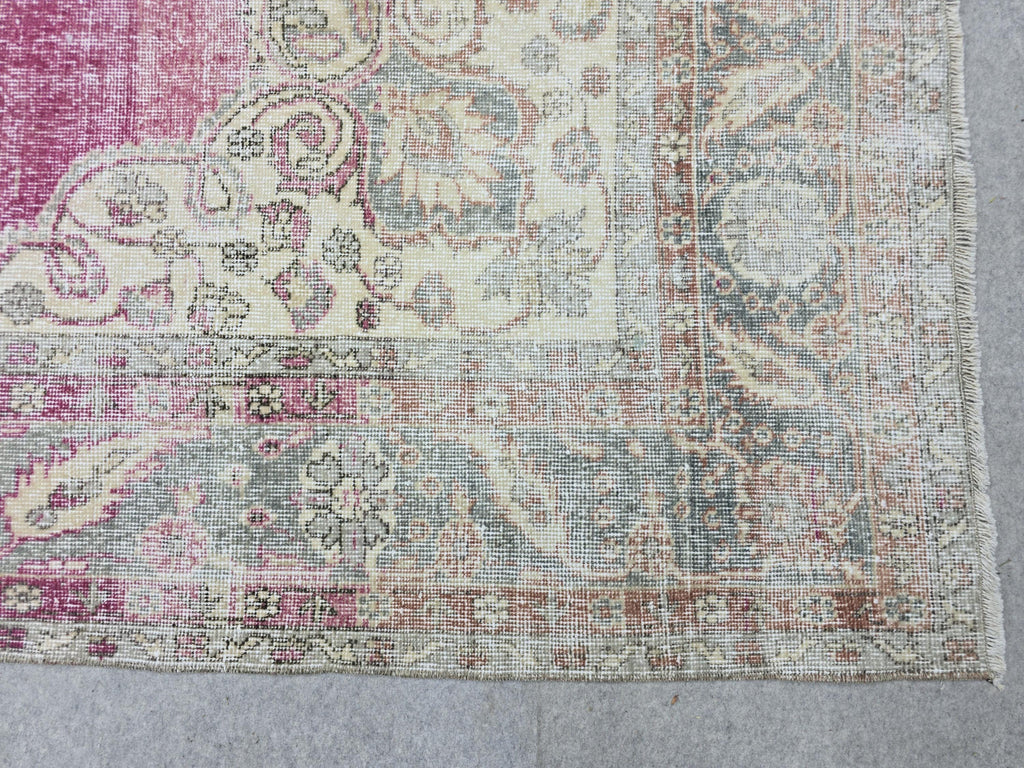 Vintage Turkish Oushak Rug: 7x11 Pink Floral Wool Carpet