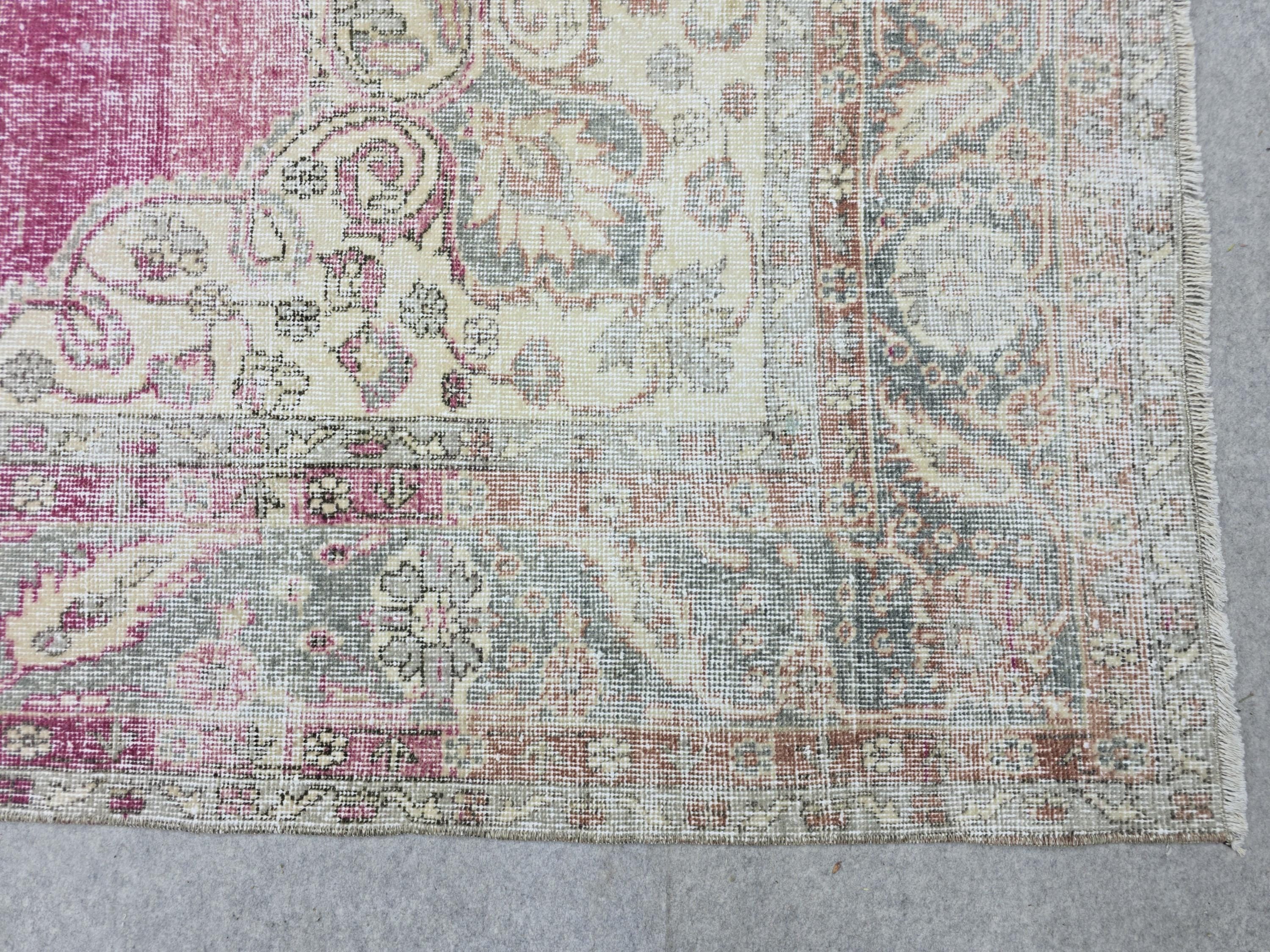 Vintage Turkish Oushak Rug: 7x11 Pink Floral Wool Carpet