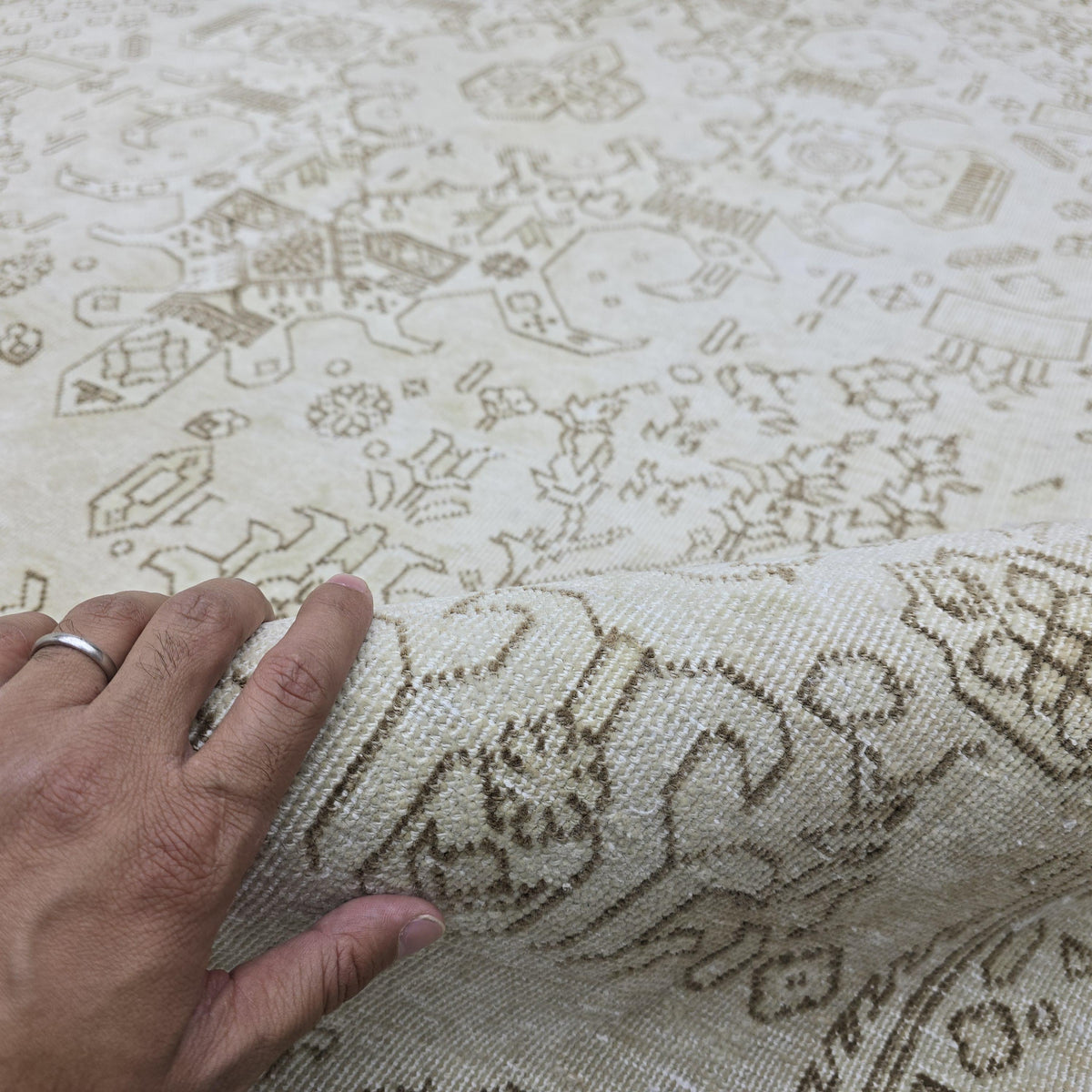 Oushak Rug 8x11: Vintage Turkish Wool Area Rug, Neutral Distressed Geometric
