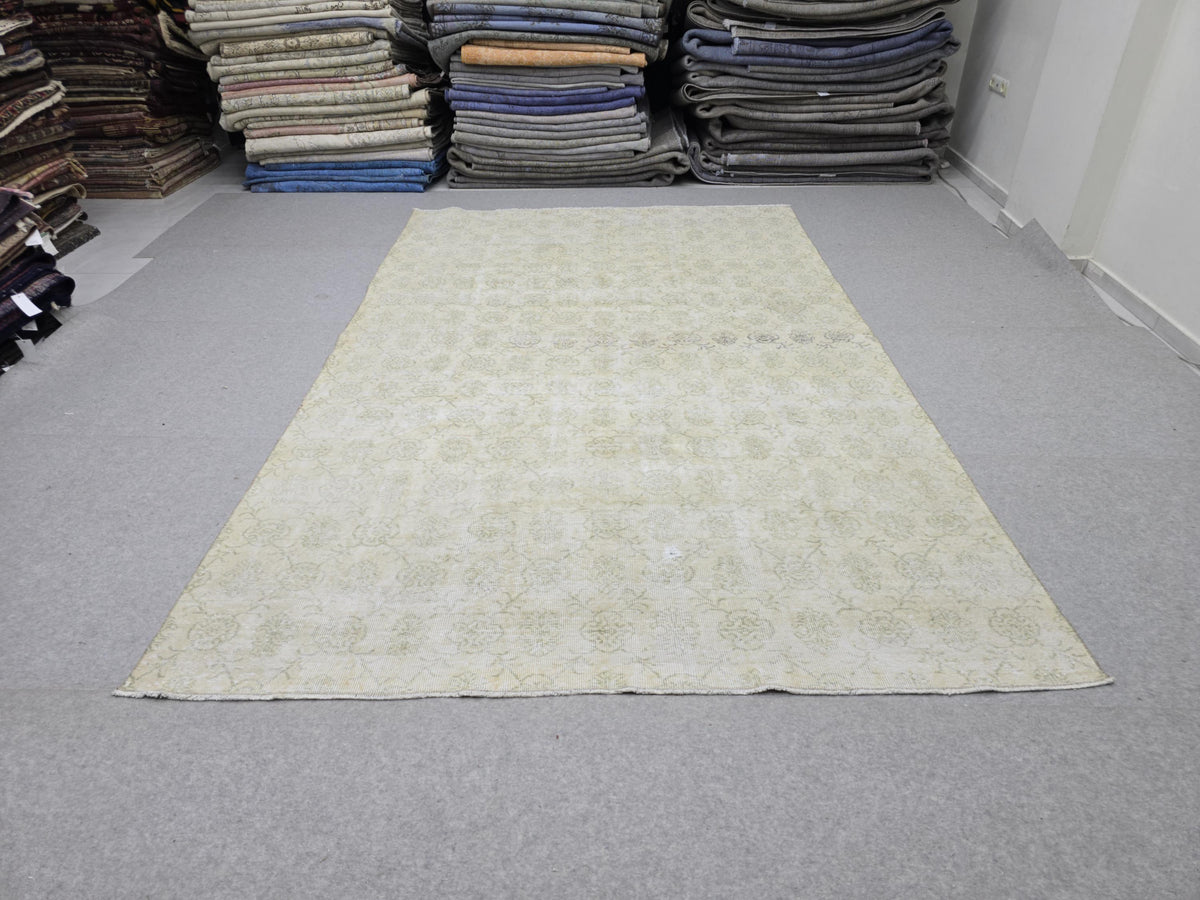 Vintage Turkish Rug 7x10, Hand-Knotted Wool, Borderless Floral Carpet, Muted Rose, Minimalist Decor