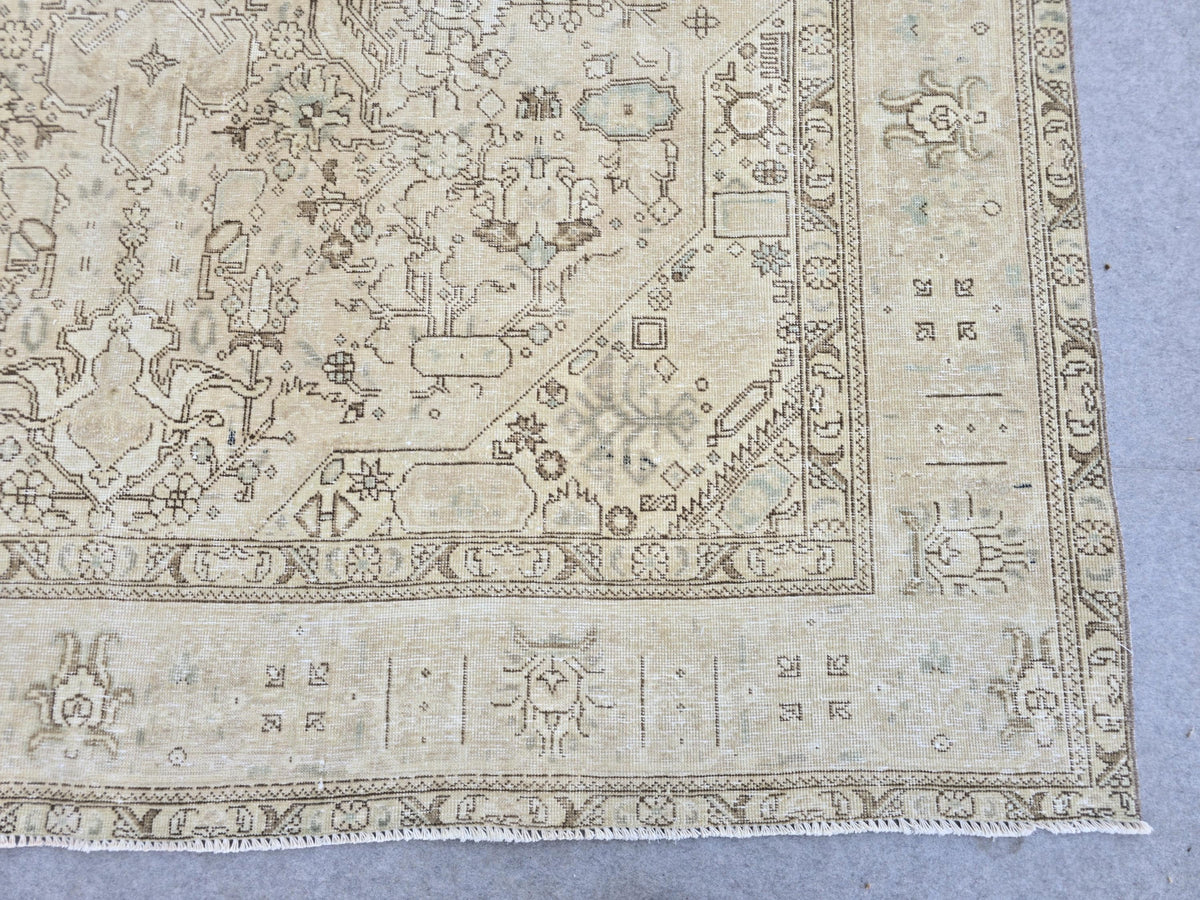 Vintage Rug 8x11 | Faded Oatmeal All Over Floral Area Rug | Hand Knotted Wool Neutral Turkish Carpet | Living Room Bedroom Boho