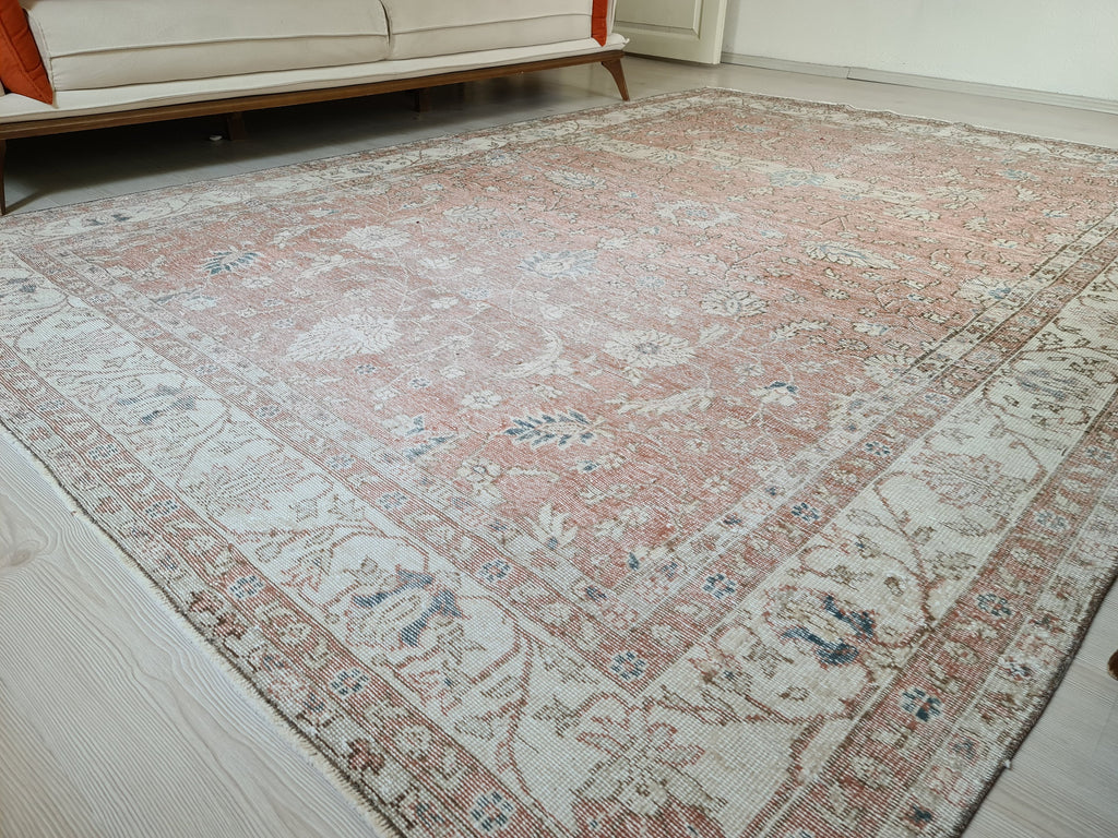 7x10 Vintage Turkish Rug: Hand knotted Wool Oushak area Rug -  6.8 x 9.9 ft, Organic Wool