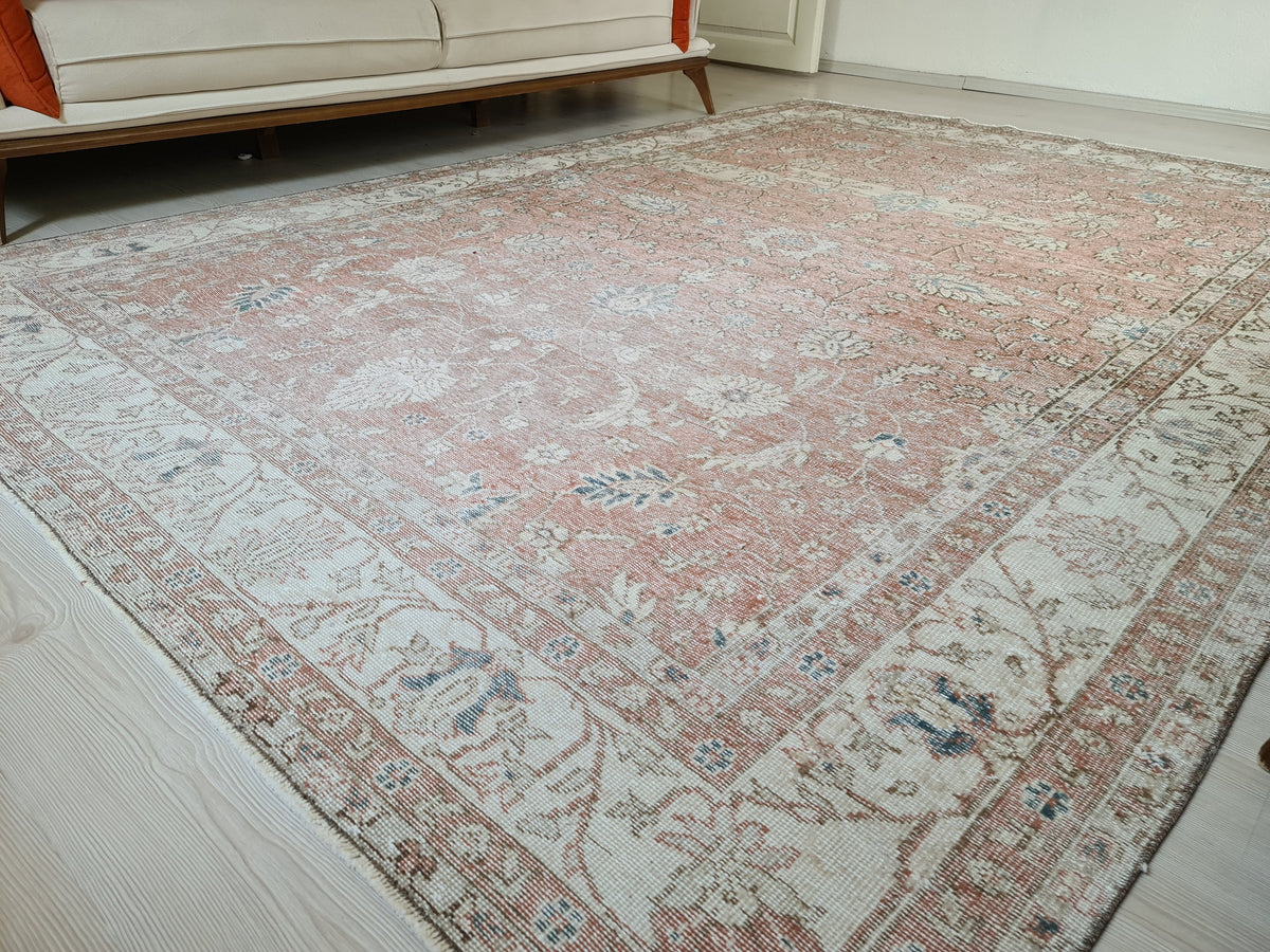 7x10 Vintage Turkish Rug: Hand knotted Wool Oushak area Rug -  6.8 x 9.9 ft, Organic Wool