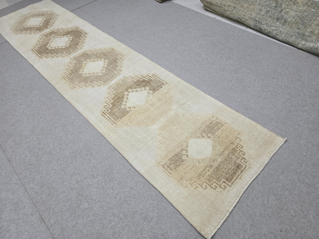 Oushak Rug 3x12, Distressed Neutral Runner, Hand Knotted Wool Turkish Runner, Faded Oatmeal Hallway Rug, Vintage Boho Stair Carpet