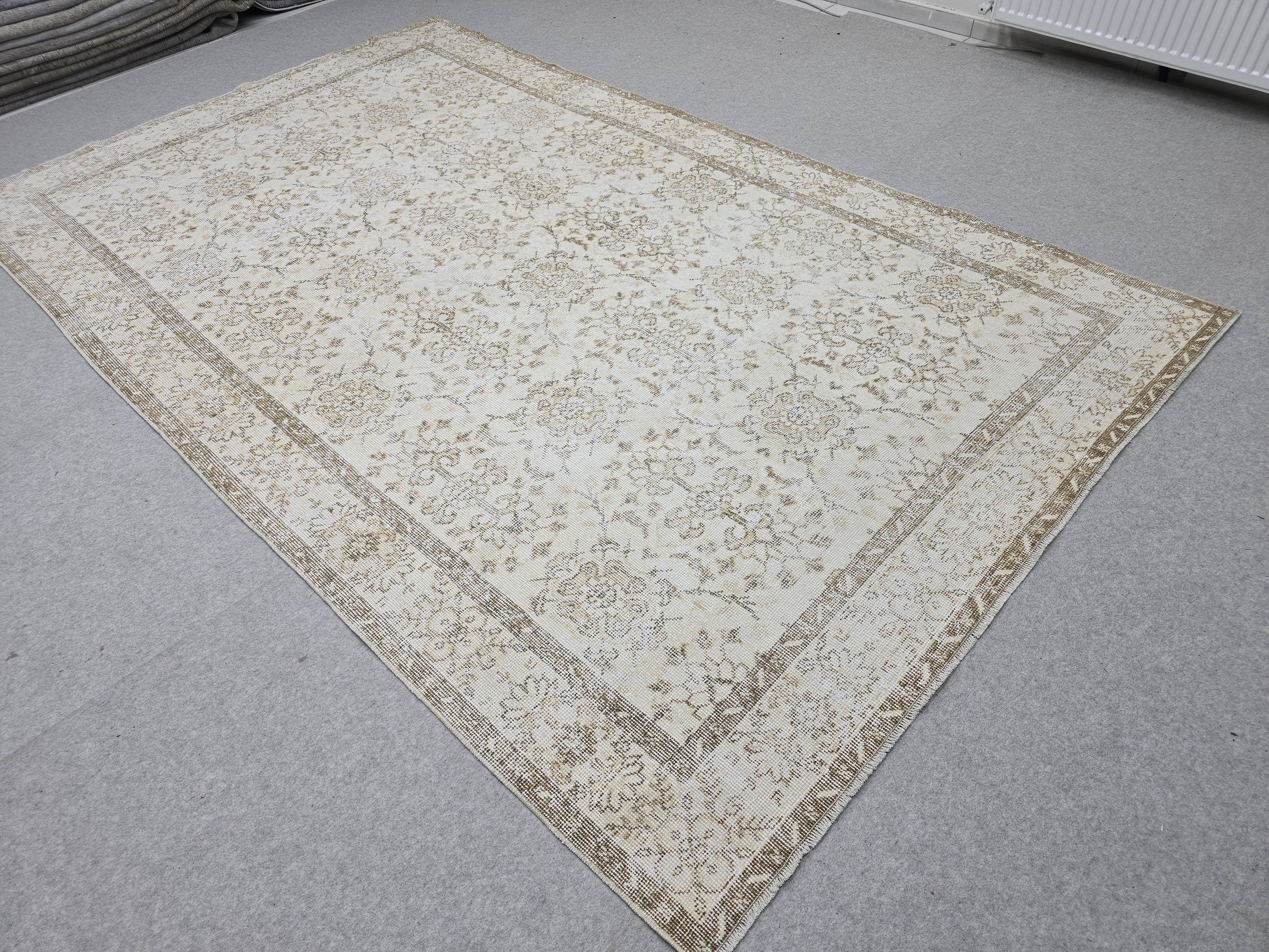 Oushak Rug 6x10 Vintage Turkish Handwoven Beige Cream Neutral Distressed Wool Area Carpet 191x317 cm