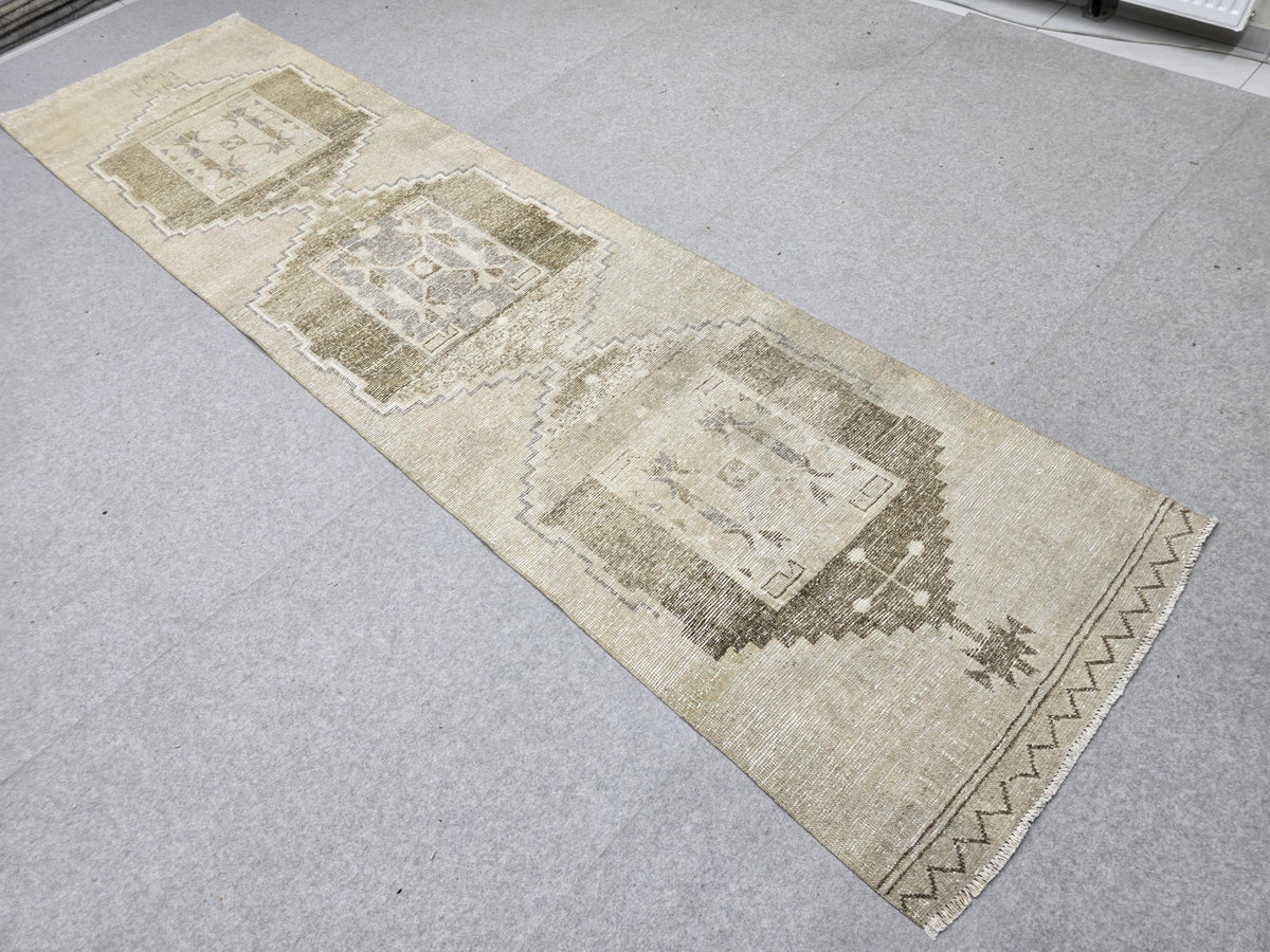 Vintage Runner Rug 3x12, Cream and Brown Medallion Hallway Runner, Long Wool Living Room Rug, Neutral Corridor Runner for 12 ft Decor