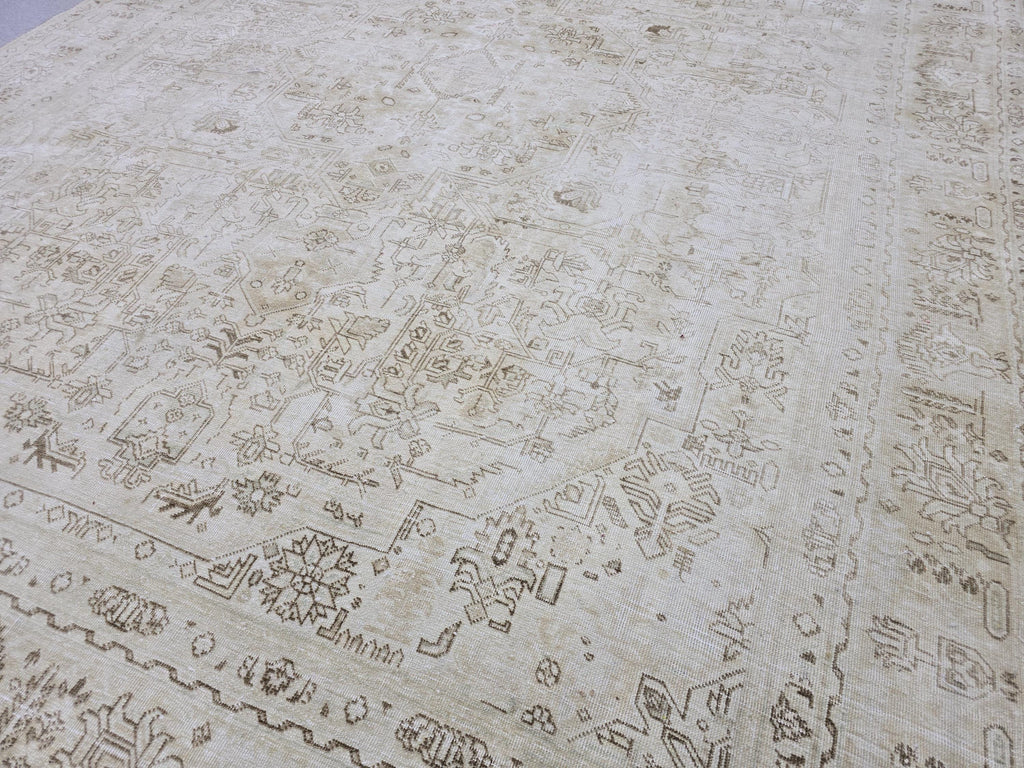 8x11 Vintage Hand Knotted Wool Rug, Muted Neutral Oushak Style, 8x11 Distressed Area Rug