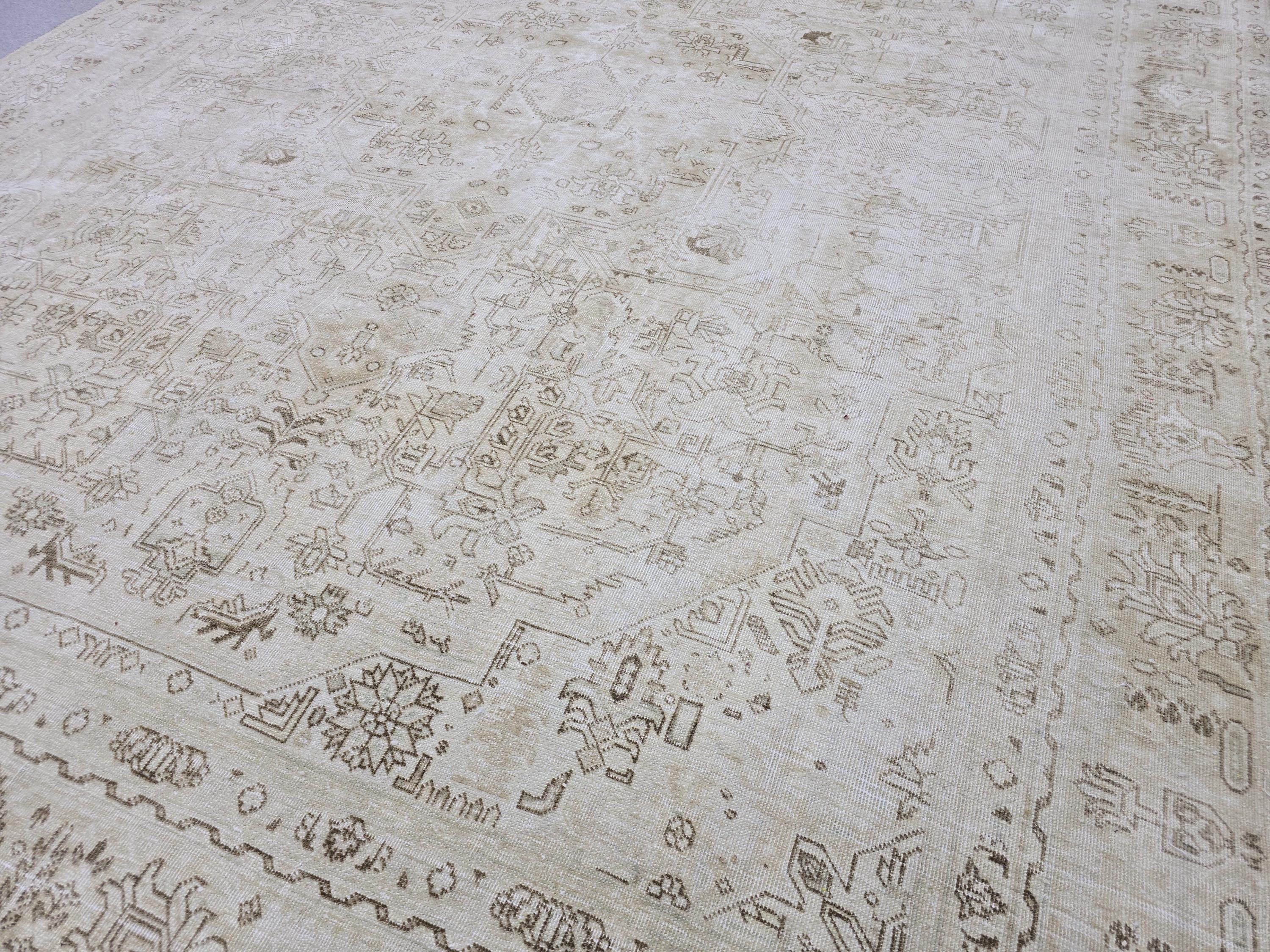 8x11 Vintage Hand Knotted Wool Rug, Muted Neutral Oushak Style, 8x11 Distressed Area Rug