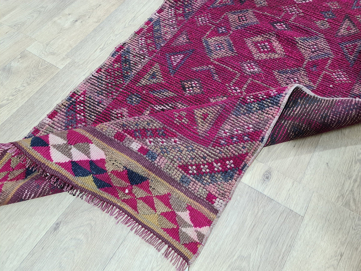 Hand Knotted Wool Herki Runner: 3x13 Vintage Turkish Rug