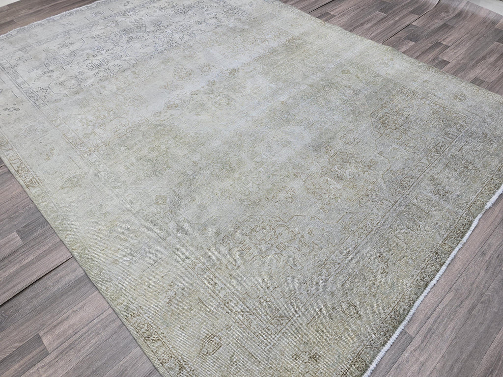 8x11 Overdyed Beige Gray Handmade Oushak Wool Rug 8x11: Neutral Vintage Turkish Rug