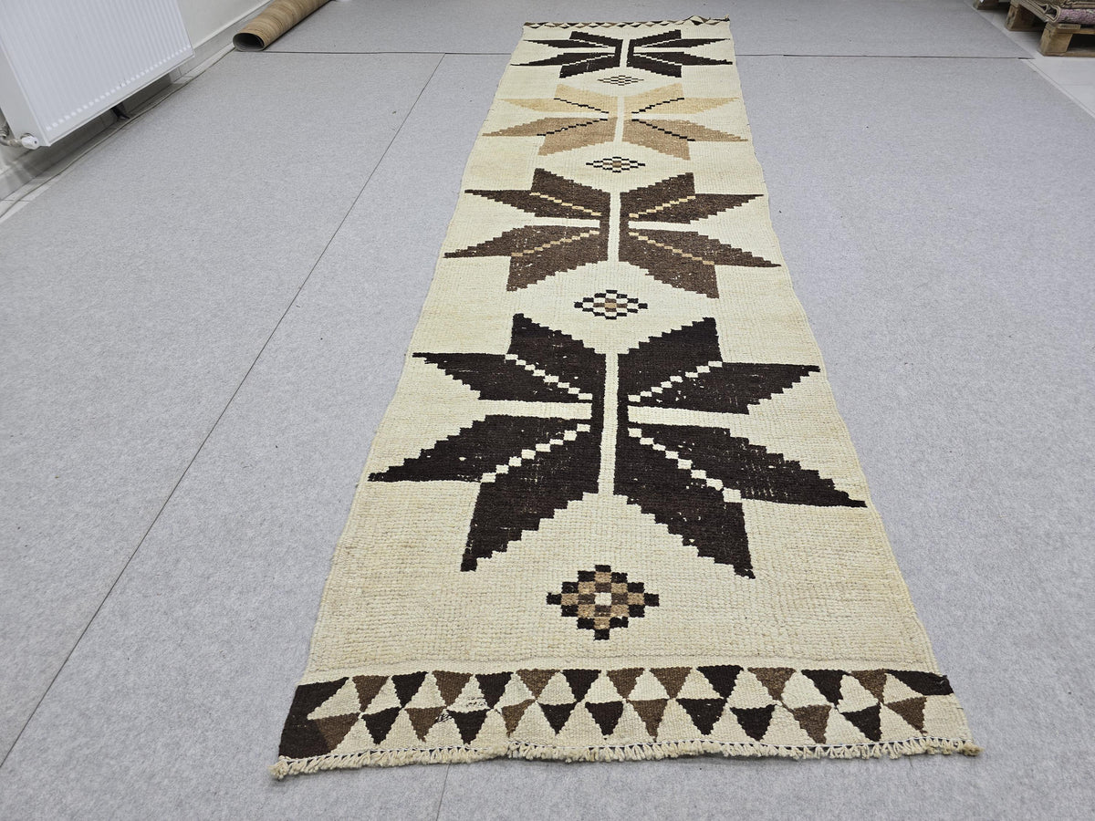 Turkish Runner Rug 3x12, Vintage Ivory Brown Hallway Runner, Tribal Star Geometric Wool Corridor Carpet, Boho Farmhouse Decor