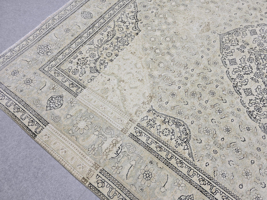 10x12 Vintage Rug | Cream Ivory Tabriz Style Hand Knotted Wool Rug | Neutral Beige Turkish Carpet 9x12