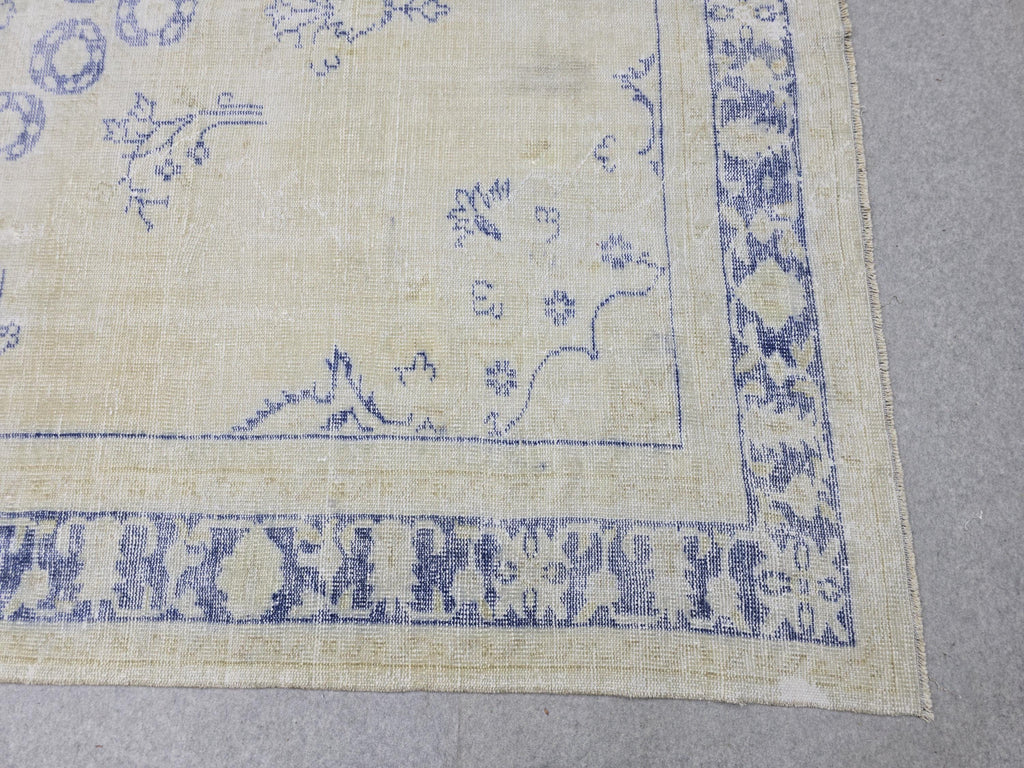 8x11 ft Hand-Knotted Turkish Oushak Rug: Neutral Wool Saloon Carpet Beige Blue
