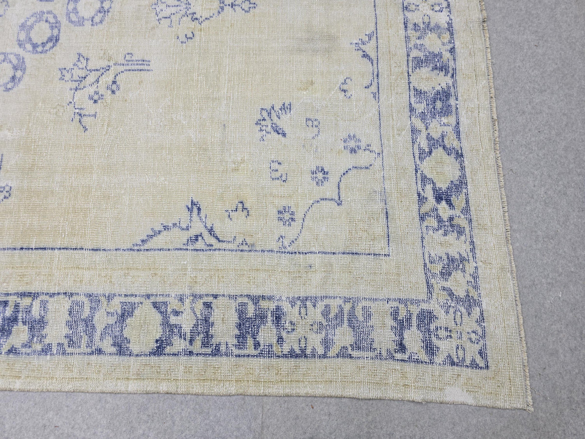 8x11 ft Hand-Knotted Turkish Oushak Rug: Neutral Wool Saloon Carpet Beige Blue